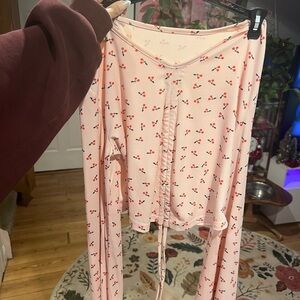 Pink Cherry Print Ribbed Bell Sleeve Top